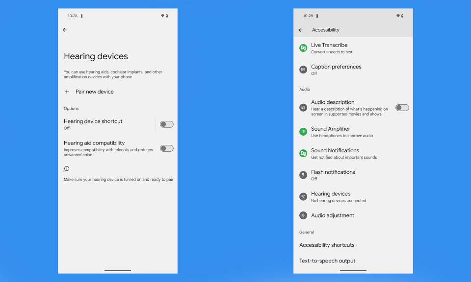 Screenshots of Android 14's new dedicated Settings page for hearing devices 