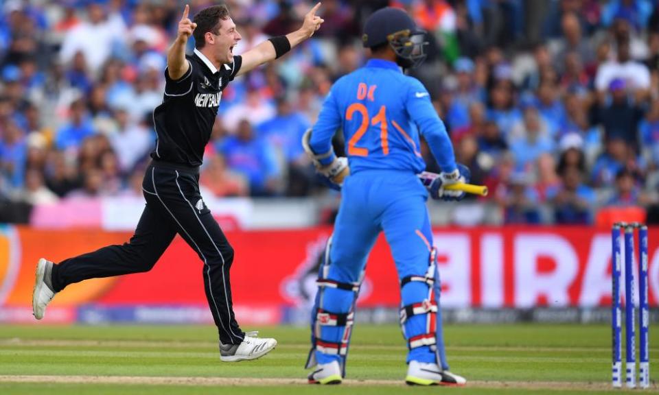 New Zealand’s Matt Henry celebrates a wicket during their semi-final win over India in 2019.