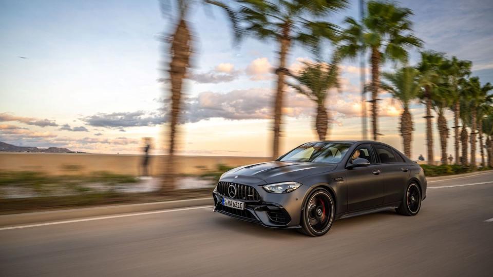 2024 mercedes amg c63 s e performance sedan front driving