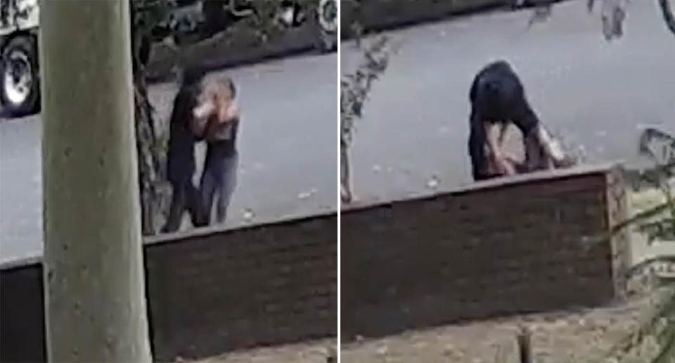 The man grabs the jogger&#39;s head and forces her to the ground in the random attack.