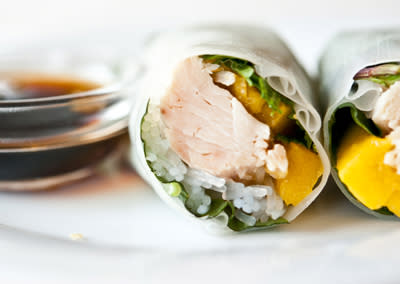 <div class="caption-credit"> Photo by: Photo by Sarah Flotard</div><b>Chicken-Mango Summer Rolls <br></b> <br> Fill rice or tapioca summer roll wrappers with long strips of ripe mango, chunks of chicken, shredded romaine lettuce leaves, chilled cooked cellophane or rice noodles, and assorted fresh herbs such as Thai basil, cilantro, and mint. Make a dipping sauce with fish sauce (such as nam pla or nuoc nam), minced garlic, slivered Thai chiles, sugar, unseasoned rice vinegar, and water.