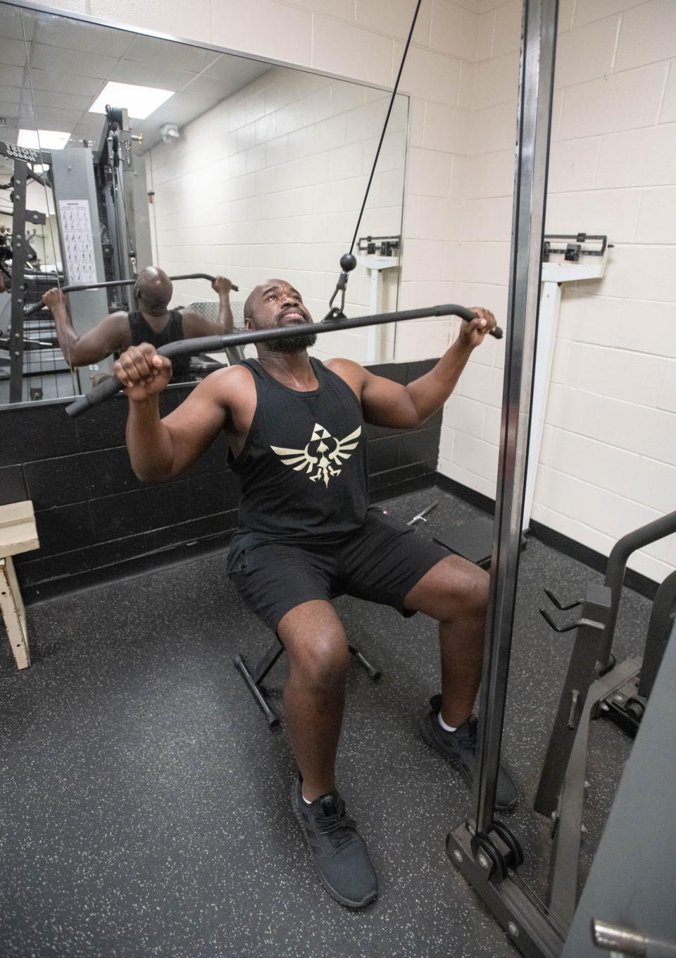 Charles Green works out in the weight room at the Fricker Resource Center in Pensacola on Wednesday, Oct. 4, 2023.