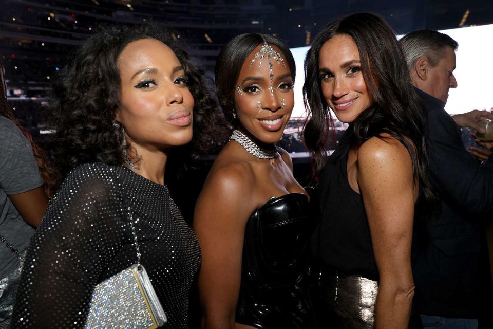 <p>Kevin Mazur/WireImage for Parkwood</p> Kerry Washington, Kelly Rowland and Meghan Markle at Beyoncé