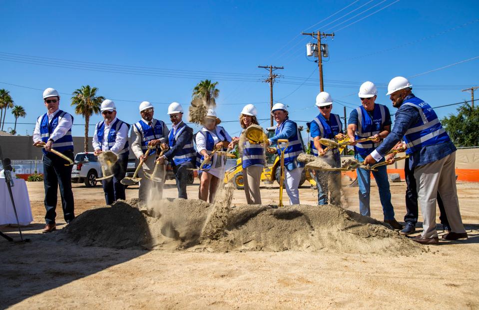 Government and business leaders at a groundbreaking ceremony May 30 for Skyline at Bliss & Oasis, a 64-unit apartment complex in downtown Indio that's expected to be completed in early 2026.