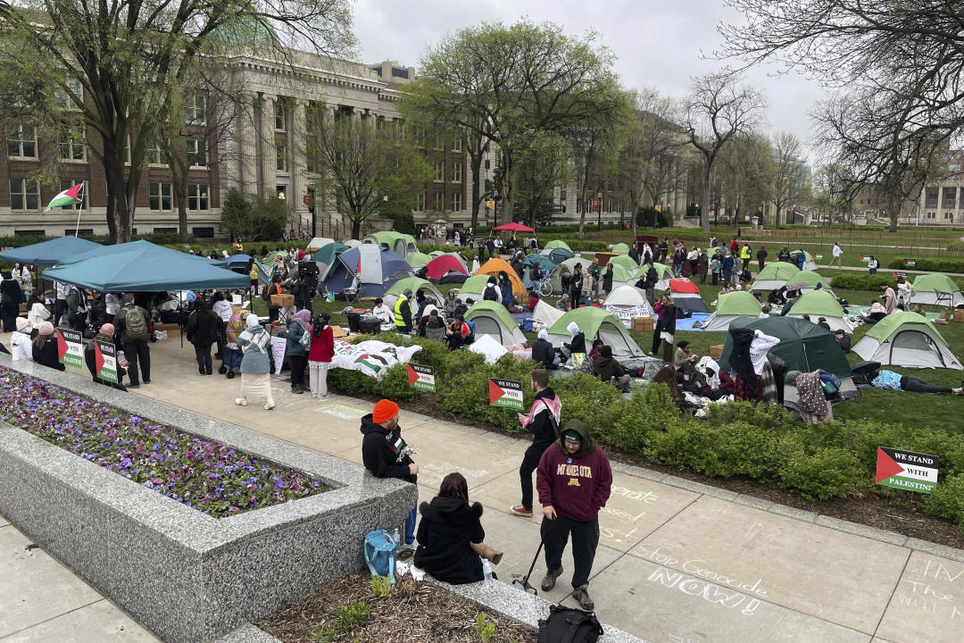 Students gather in protest over the Israel-Hamas war at the University of Minnesota.