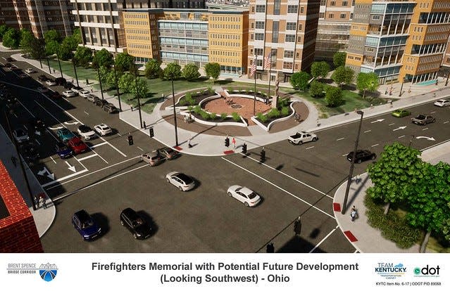 West Sixth Street at Central Avenue could attract new development thanks to the Brent Spence Bridge Corridor project. The project website includes this depiction of what might be possible just west of the Greater Cincinnati Firefighters Memorial Park there.