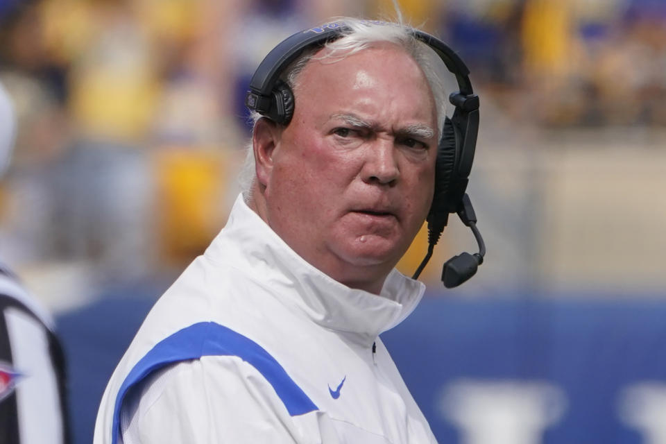 FILE - Pittsburgh offensive coordinator Mark Whipple look on as his team plays in an NCAA college football game against New Hampshire, Saturday, Sept. 25, 2021, in Pittsburgh. Whipple was named Nebraska's offensive coordinator on Wednesday, Dec. 8, 2021, a day after he resigned from the same position at Pittsburgh. (AP Photo/Keith Srakocic, File)