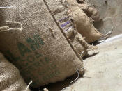 A bag marked Olam sits in a farmers' warehouse inside the conservation zone of Omo Forest Reserve on October 23, 2023. Farmers, buyers and others say cocoa heads from deforested areas of the protected reserve to companies that supply some of the world's biggest chocolate makers. (AP Photo/Taiwo Adebayo)