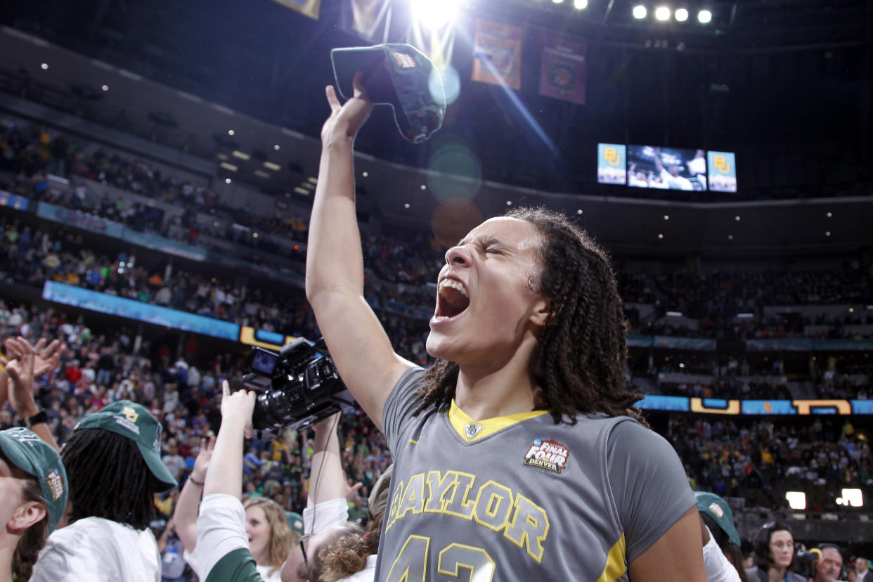 Brittney Griner, seen here celebrating her national title win in 2012, will finally have her jersey retired at Baylor next month.