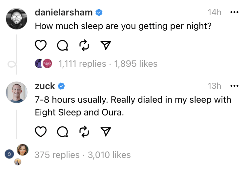 Screenshot of Meta CEO Mark Zuckerberg replying to a thread about how much sleep he gets.