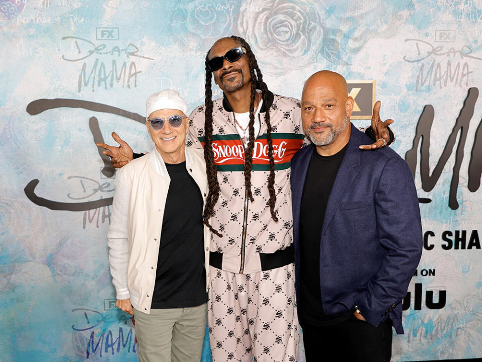 (L-R) Jimmy Iovine, Snoop Dogg and Allen Hughes attend the premiere Of FX's "Dear Mama" at Academy Museum of Motion Pictures on April 18, 2023 in Los Angeles, California.