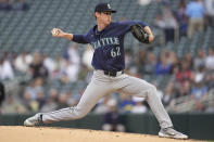 Seattle Mariners starting pitcher Emerson Hancock (62) delivers during the second inning of a baseball game against the Minnesota Twins, Tuesday, May 7, 2024, in Minneapolis. (AP Photo/Abbie Parr)