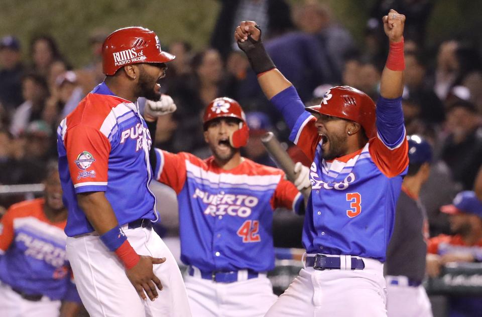 The Puerto Rican team celebrates during the Caribbean Series on Thursday night. (Getty Images)