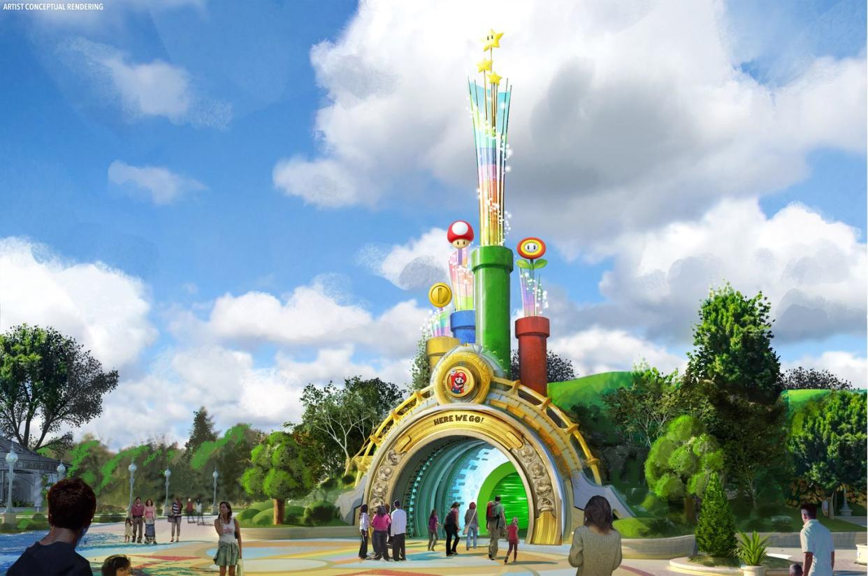 an artist's rendering of the portal to super nintendo world at the upcoming epic universe park at universal studios orlando