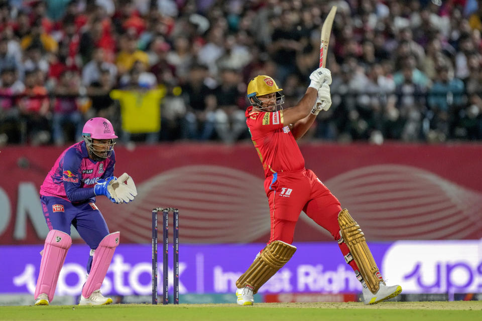 Punjab Kings' M Shahrukh Khan plays a shot during the Indian Premier League cricket match between Punjab Kings and Rajasthan Royals in Dharamshala, India, Friday, May 19, 2023. (AP Photo /Ashwini Bhatia)