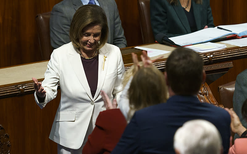 Speaker Nancy Pelosi (D-Calif.) finishes addressing members of the House on Nov. 17 to announce that she’s stepping down from leadership for the 118th session of Congress. <em>Greg Nash</em>