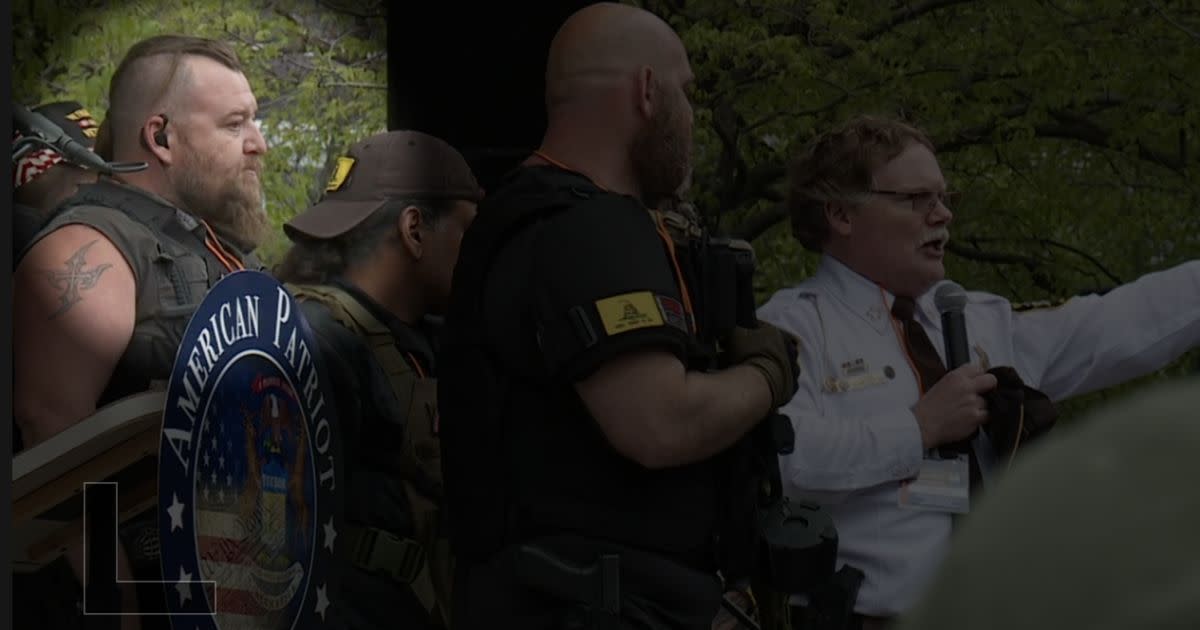 William Null, charged in a militia plot to kidnap Democratic Michigan Gov. Gretchen Whitmer, appears onstage alongside Barry County Sheriff Dar Leaf at an anti-lockdown rally on May 18, 2020, in Grand Rapids, Michigan. (Photo: Fox17)