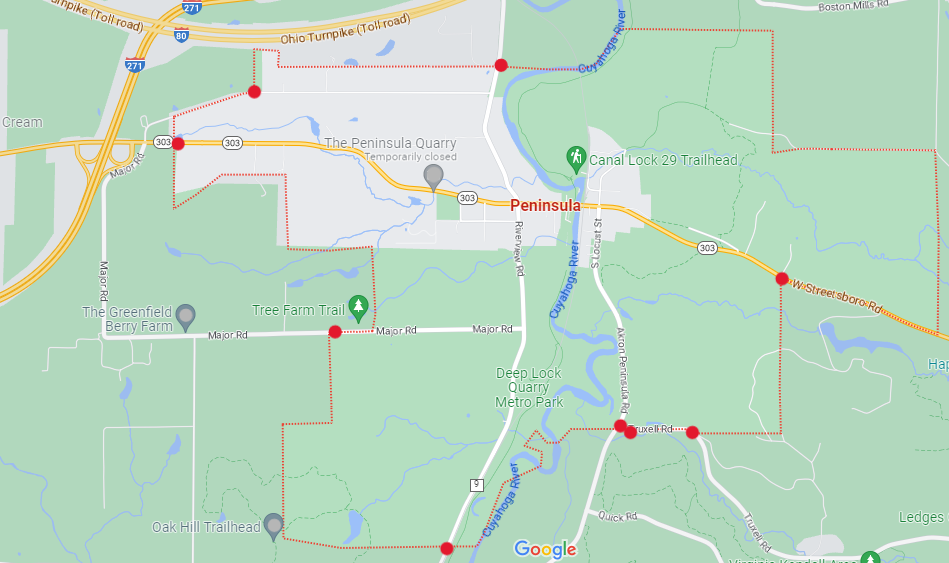 Map of the signs warning of photo enforcement zones in the Village of Peninsula. Each red dot is a sign.