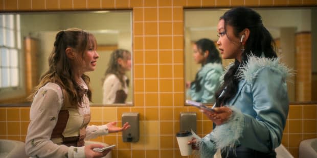 'As a close friend you should allow me to grow…. my following,' says Erika, in a Danielle Guizio jacket, to her best friend Gia (Zoe Coletti, left).<p>Photo: Courtesy of Netflix</p>