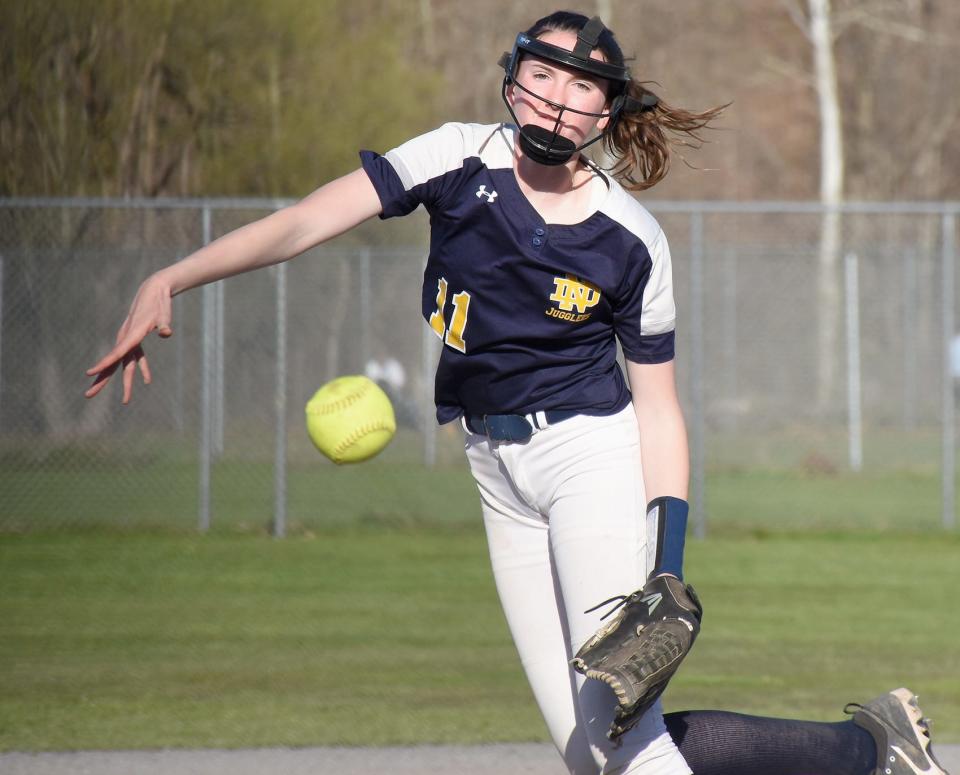 Ella Trinkaus, pictured pitching at Herkimer's Mudville complex April 30, held West Canada Valley scoreless Sunday and helped Utica's Notre Dame Jugglers earn a spot in Section III's Class C softball championship game.