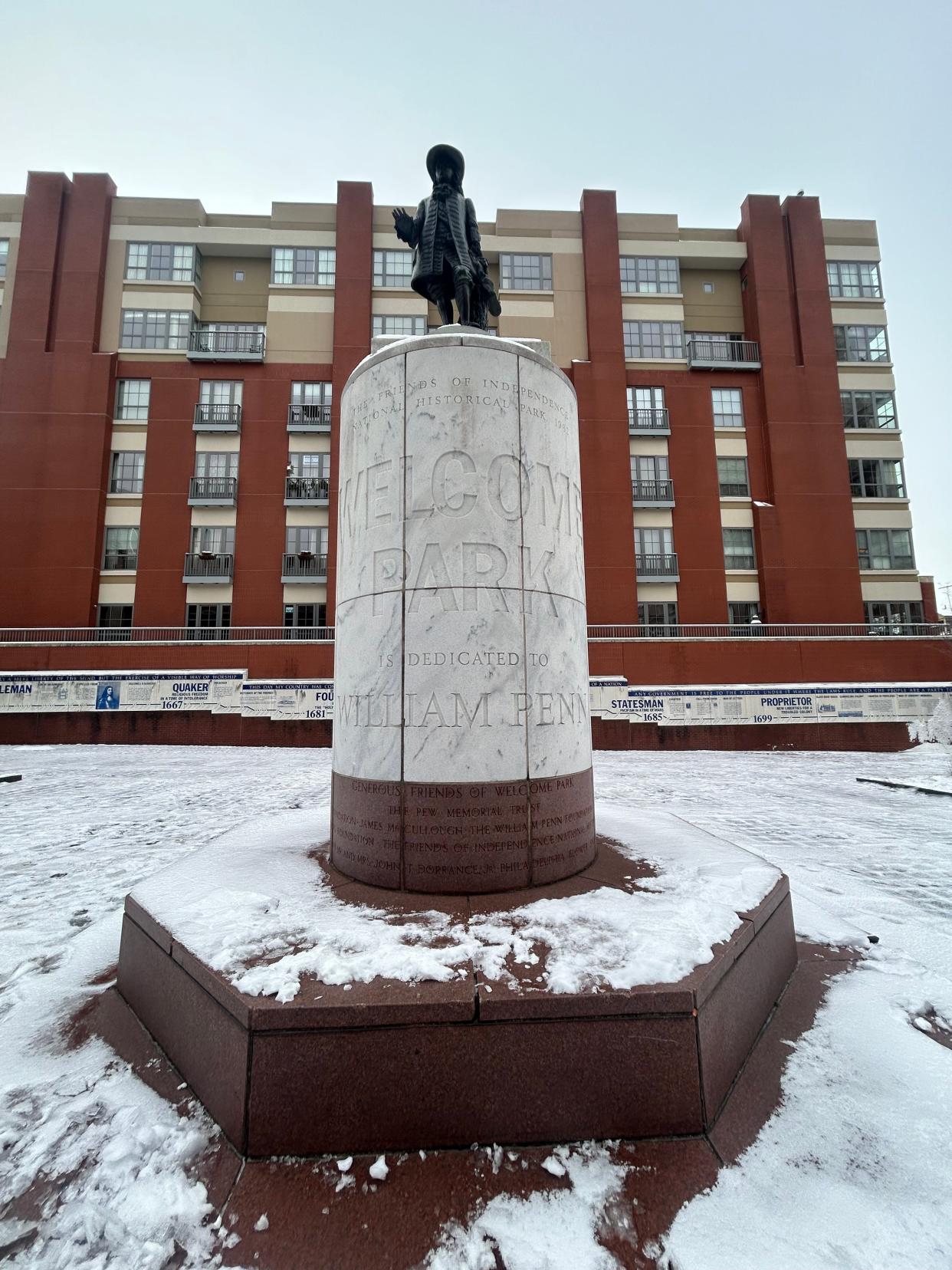 A statue of William Penn is at the center of Welcome Park in Philadelphia. A proposed redesign of the park was reversed because of backlash over plans to remove Penn's statue.