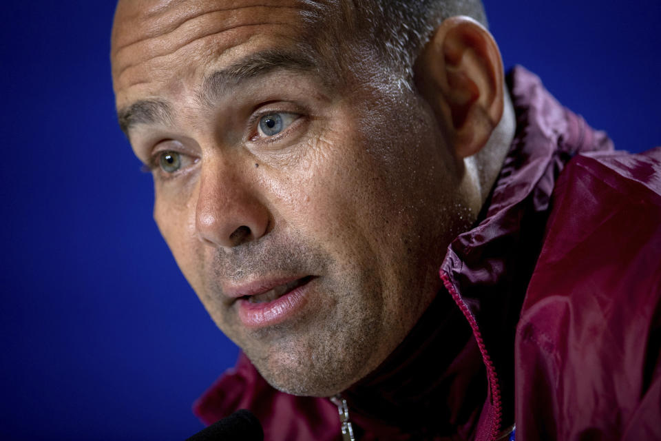 Venezuela's national soccer team coach Rafael Dudamel attends a press conference in Madrid, Spain, Thursday, March 21, 2019. Venezuela will play a friendly soccer match against Argentina on Friday. (AP Photo/Bernat Armangue)