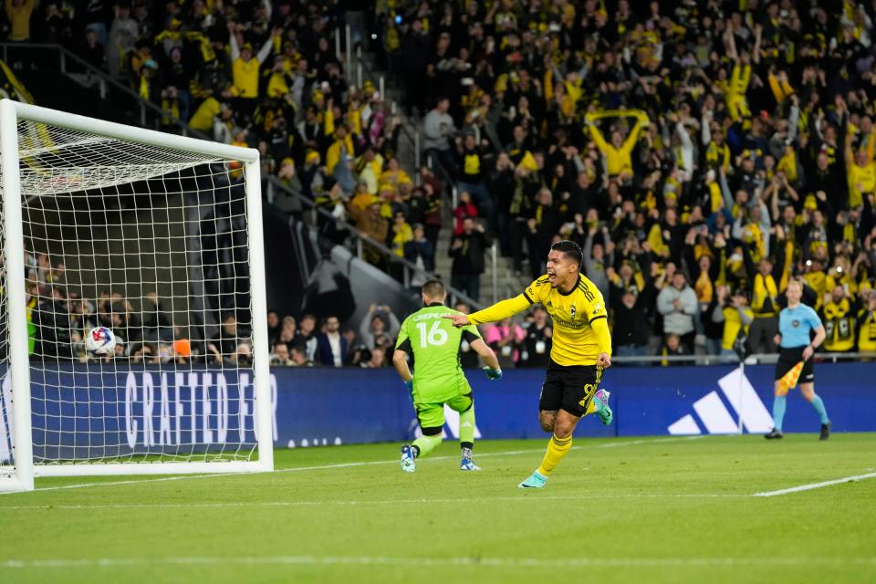 Dec 9, 2023; Columbus, OH, USA; Columbus Crew forward Cucho (9) celebrates his goal on a penalty shot against Los Angeles FC goalkeeper Maxime Crepeau (16) during the first half at Lower.com Field. Mandatory Credit: Adam Cairns-USA TODAY Sports