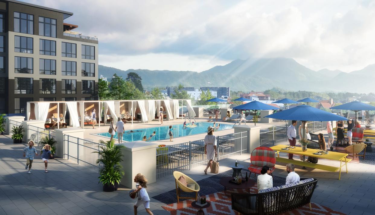 An art rendering of Splash! Rooftop Pool and Lounge, reopening following extensive renovations in July at Aloft and Moxy hotels in downtown Asheville.