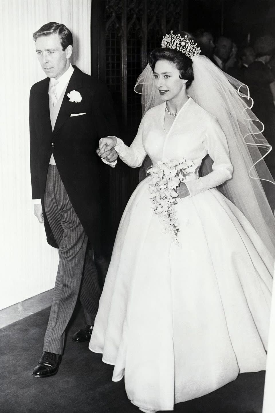 <p><strong>Wedding date: </strong>May 6, 1960</p><p><strong>Wedding tiara: </strong><a href="https://www.townandcountrymag.com/society/tradition/a12265404/princess-margaret-wedding-to-lord-snowdon/" rel="nofollow noopener" target="_blank" data-ylk="slk:Margaret wore the Poltimore Tiara;elm:context_link;itc:0;sec:content-canvas" class="link ">Margaret wore the Poltimore Tiara</a> on her wedding day, which was purchased as Margaret's engagement to Antony Armstrong-Jones was announced. Garrard created the tiara in the 1870s for Lady Florence Poltimore. Sadly, the gorgeous piece was sold after Margaret's death <a href="https://www.christies.com/special_sites/woodwork/specialist.asp" rel="nofollow noopener" target="_blank" data-ylk="slk:at auction in 2006.;elm:context_link;itc:0;sec:content-canvas" class="link ">at auction in 2006.</a></p>