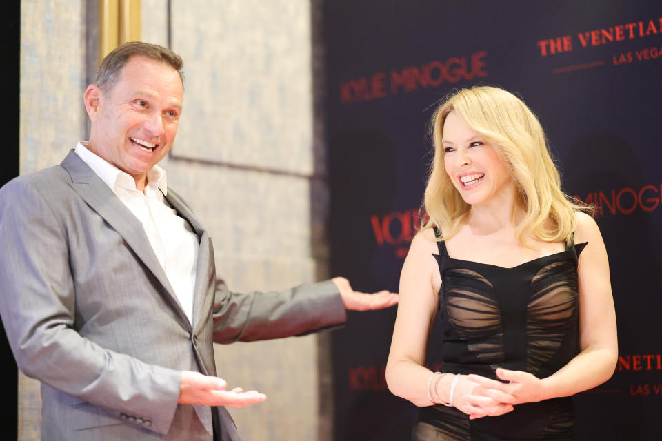 (L-R) Michael Gruber, CCO of The Venetian Resort, and Kylie Minogue speak as The Venetian Resort Las Vegas and Kylie Minogue announce “Voltaire” coming to the iconic resort this fall 2023 at Bar Lis on July 27, 2023 in Los Angeles, California.