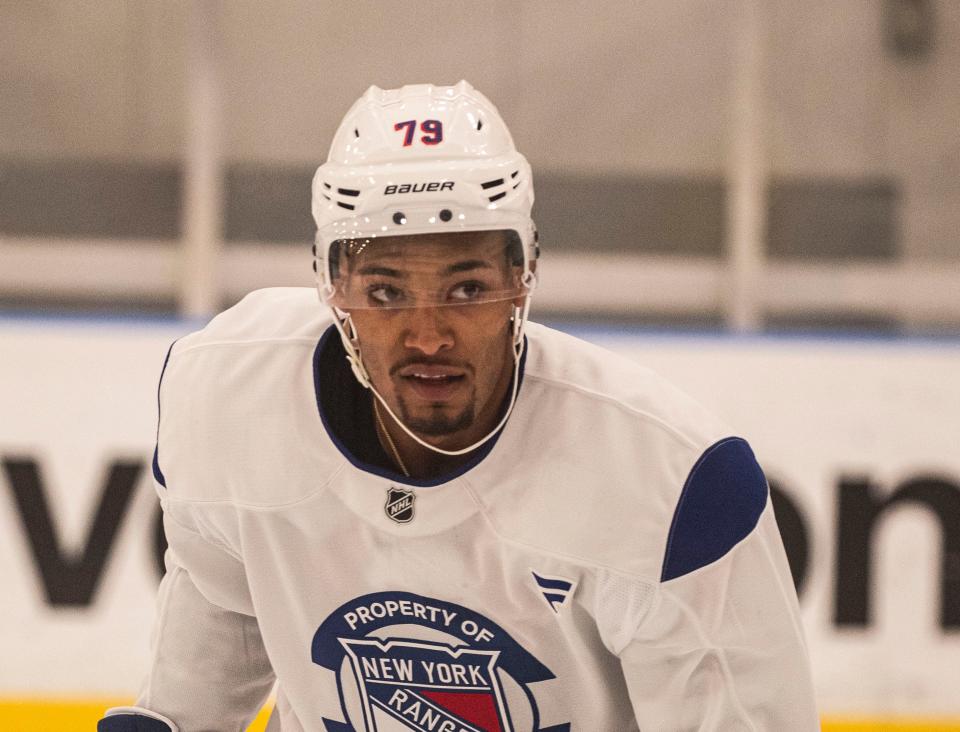 K'Andre Miller skates during the first day of the New York Rangers training camp at their practice facility in Greenburgh, N.Y. Sept. 19, 2024.