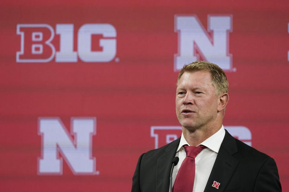 Nebraska head coach Scott Frost talks to reporters during an NCAA college football news conference at the Big Ten Conference media days, at Lucas Oil Stadium, Tuesday, July 26, 2022, in Indianapolis. (AP Photo/Darron Cummings)