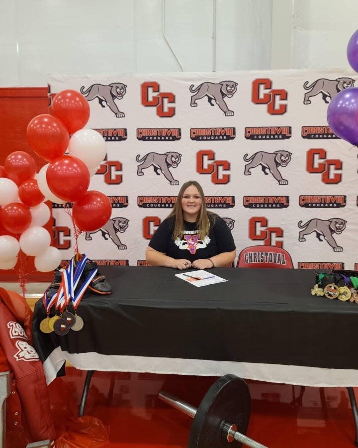 Christoval High Shool's Abbey Lee, who won a state championship in powerlifting in 2021, makes her decision to continue the sport at Missouri Valley College, at a signing ceremony Friday, Nov. 19, 2021, at Christoval.