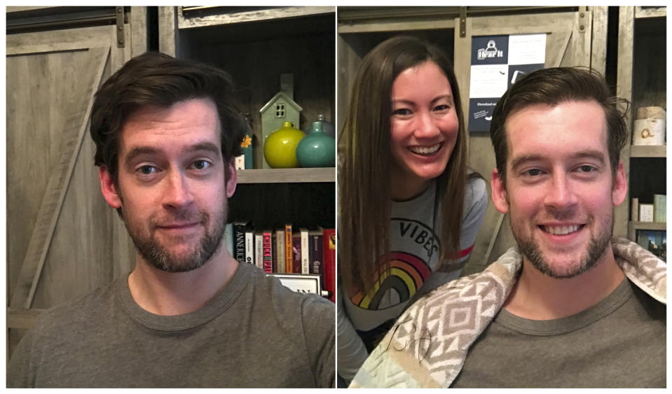 Brian Coughlin antes y después de que su esposa Ashley (con él en la foto de la derecha) le hiciese un corte de cabello casero en Evanston, Illinois, durante la pandemia del coronavirus. El propio Coughlin suministró la foto. (Brian Coughlin via AP)