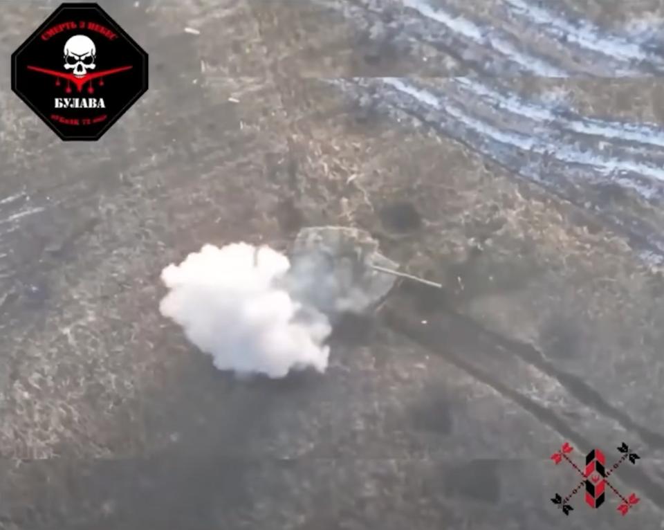 Drone-mounted cameras show a UAV hitting a Russian tank.