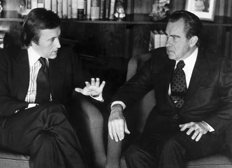 Frost talks with Nixon in 1977, in what was to become his defining interview. Credit: AP