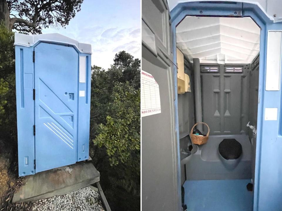 Side-by-side images of the porta-potty's exterior and interior.