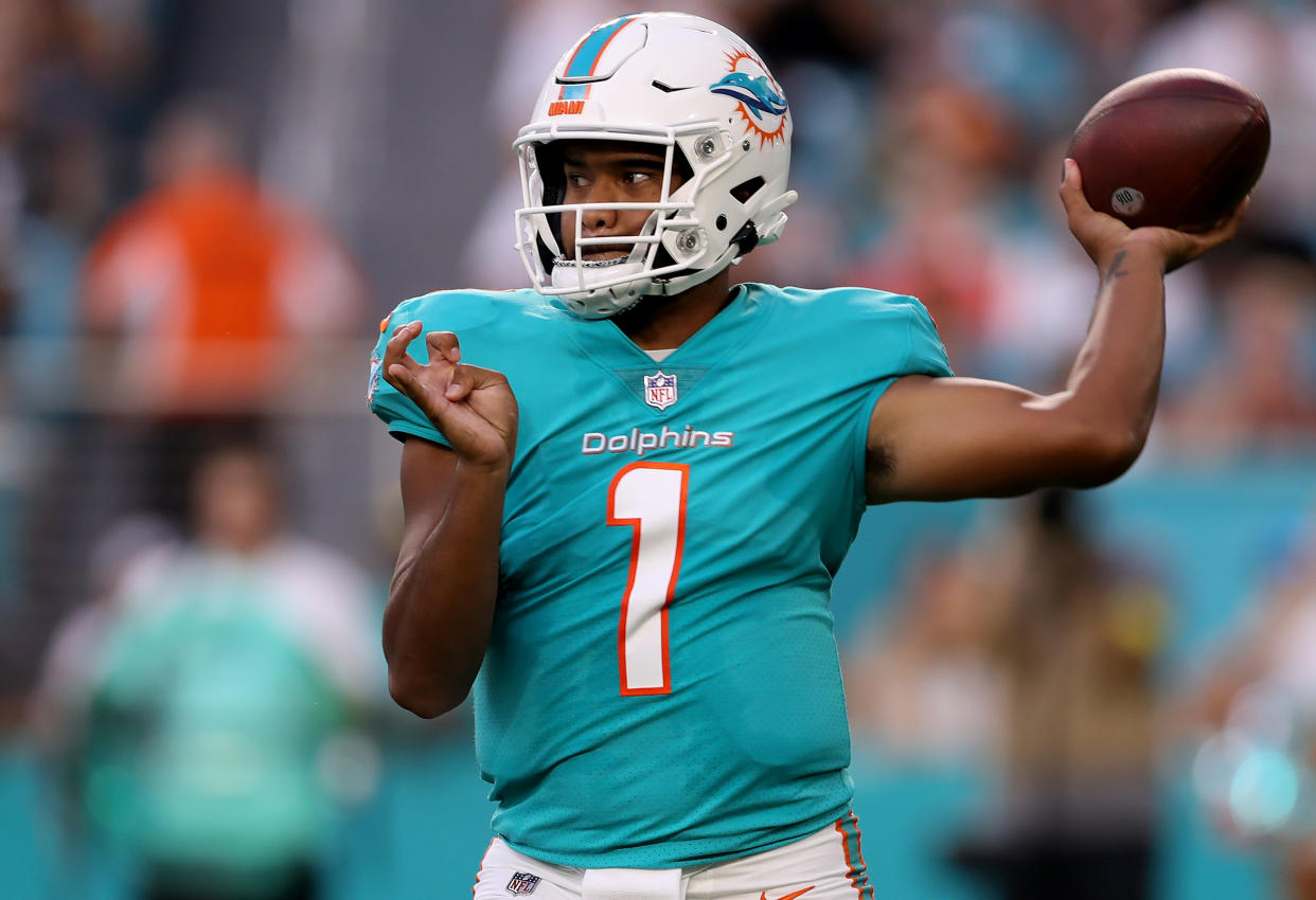 MIAMI GARDENS, FLORIDA - AUGUST 20: Tua Tagovailoa #1 of the Miami Dolphins throws a pass during the first quarter against the Las Vegas Raiders at Hard Rock Stadium on August 20, 2022 in Miami Gardens, Florida. (Photo by Megan Briggs/Getty Images)