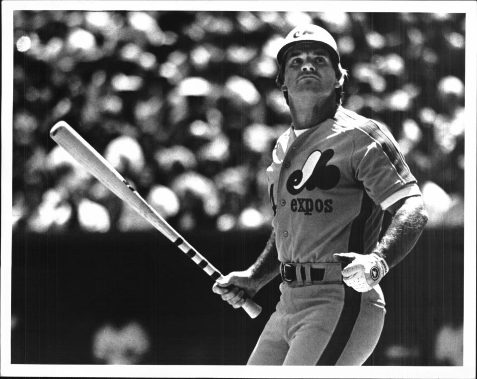 April 1984; Cincinnati, OH, USA; Montreal Expos player Pete Rose approaches the plate for first at bat against the Cincinnati Reds. Mandatory Credit: Ed Reinke/The Enquirer via USA TODAY NETWORK