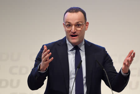 Christian Democratic Union (CDU) candidate Jens Spahn speaks at a regional conference in Luebeck, Germany, November 15, 2018. REUTERS/Fabian Bimmer