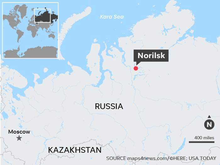 A starving polar bear was found this week in Norilsk, Russia, far from its usual hunting grounds.