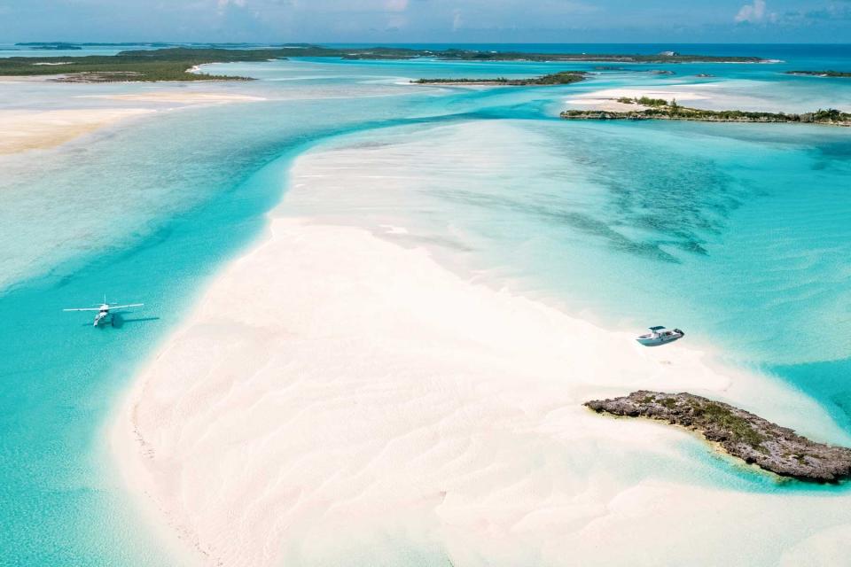 Small plane on a sandbar in the Exumas, Bahamas