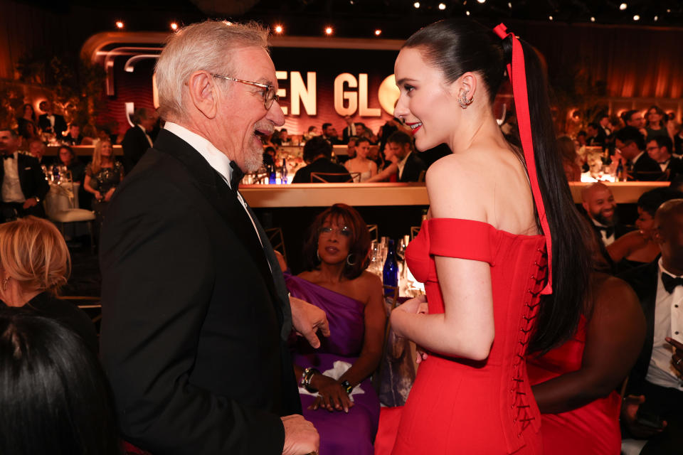 Steven Spielberg and Rachel Brosnahan. (Christopher Polk/Golden Globes via Getty Images)
