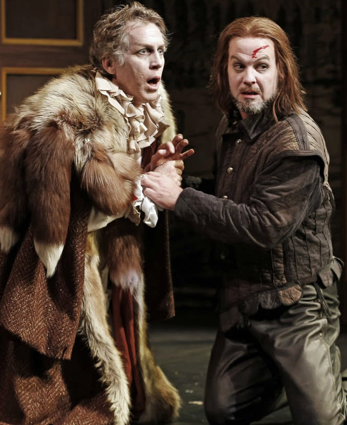 This undated publicity photo released by David Gersten and Associates shows, from left, Stephen Spinella and Cameron Folmar, in a scene from Red Bull Theater’s production of Ben Jonson’s classic "Volpone," currently performing off-Broadway at the Lucille Lortel Theatre in New York. (AP Photo/David Gersten and Associates, Carol Rosegg)