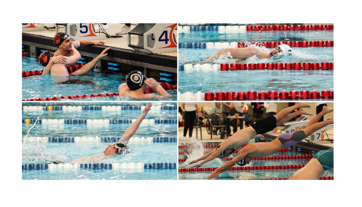 Some of the members of the 2023-24 Erie Times-News District 10 Boys Swimming All-Stars include the following, clockwise from top left: Sharon teammates Nate Dorsch, left, and Mark Cattron (shown embracing after a race); McDowell's Camden Pierce; Cathedral Prep's Jack Raimy; and McDowell's Deacon Pierce, third from right, and Nick Publicover.