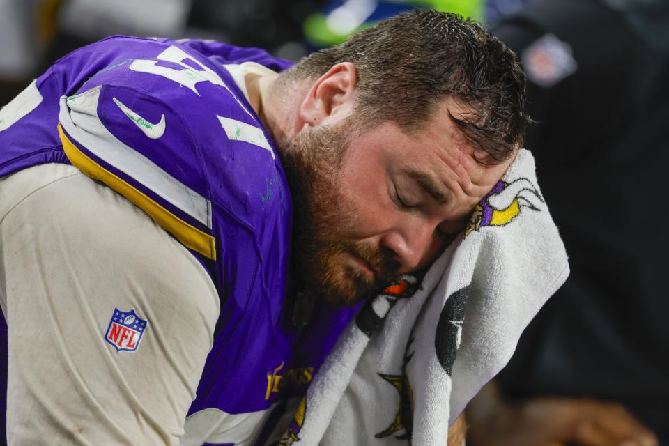 Minnesota Vikings' Harrison Phillips reacts after an NFL football game against the Green Bay Packers Sunday, Dec. 31, 2023, in Minneapolis. The Packers won 33-10. (AP Photo/Bruce Kluckhohn)