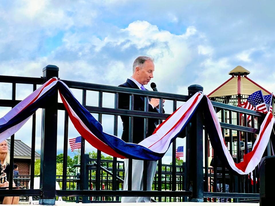 Mayor Jim Hagaman speaks at Spring Hill's 2022 Memorial Day Celebration at Fischer Park at Port Royal.