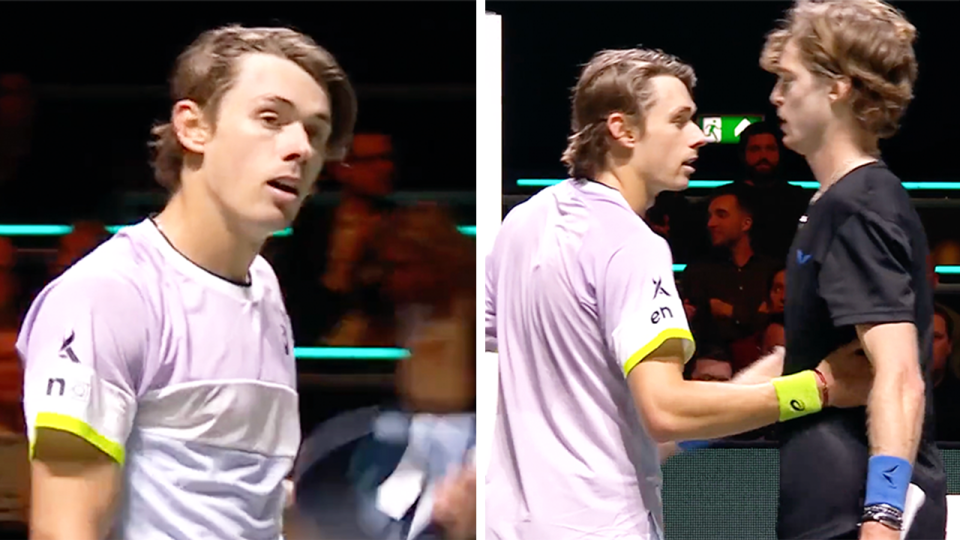 Alex de Minaur (pictured left) celebrates his win and (pictured right) de Minaur shakes Andrey Rublev's hand.