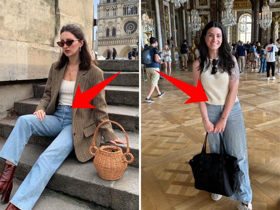 Mariella Haon wearing Levi's jeans (left); Insider's reporter wearing a similar outfit (right)