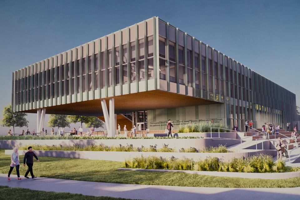 A rendering of the Michigan State Univeristy Multicultural Unity Center is displayed during a groundbreaking ceremony on Friday, April 21, 2023, on campus in East Lansing.